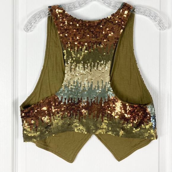 GODDESS OF BABYLON Vest Top S/M Sequins Beaded Gold Button Lined Rayon - Picture 2 of 12
